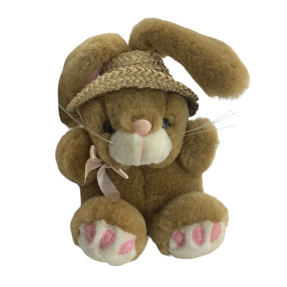 Vtg‎ Preferred Plush Bunny Rabbit Spring Straw Hat Stuffed Animal Plush Easter